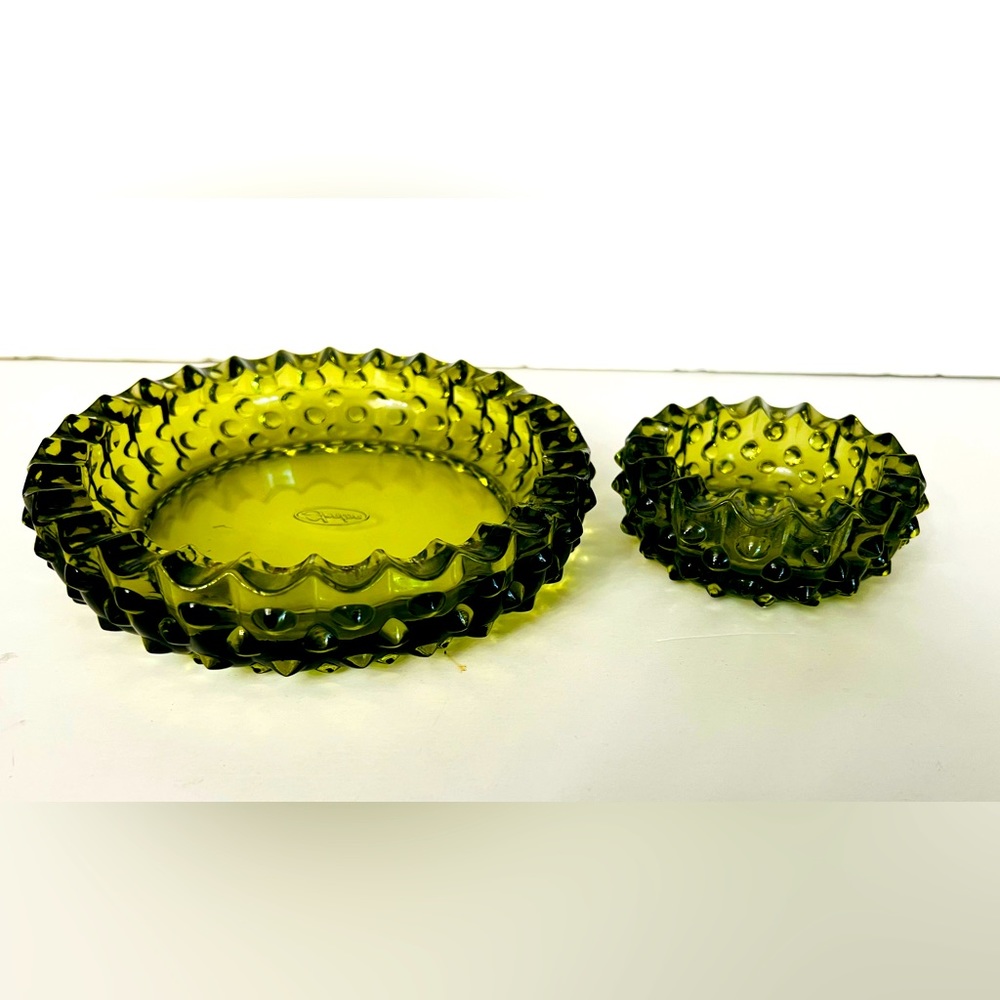 Vintage Fenton Green Glass Round Hobnail Nesting Ashtrays/Trinket Dish